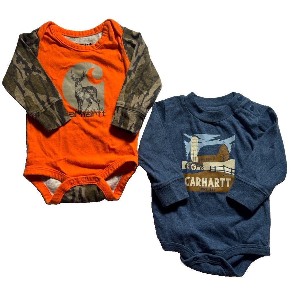 Carhartt Baby 3M Long Sleeve Bodysuits Lot of 2 Deer Camo Farm